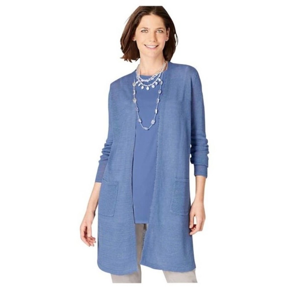 J. JILL Linen Light & Long Two Pocket Cardi Blue sz L Women's Cardigan Sweater
